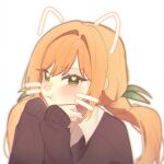  1girl :t blonde_hair blush brown_cardigan brown_outline cardigan chi_kan100 collared_shirt drawn_ears drawn_nose drawn_whiskers furrowed_brow green_eyes green_ribbon hair_between_eyes hair_intakes hair_ribbon hands_on_own_chin head_rest heart heart_in_eye inda_karane kimi_no_koto_ga_dai_dai_dai_dai_daisuki_na_100-nin_no_kanojo long_hair long_sleeves looking_at_viewer low_twintails ohananomitsu_high_school_uniform outline portrait ribbon school_uniform shirt simple_background sleeves_past_wrists solo symbol_in_eye twintails white_background white_shirt 