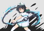  1girl anchor anchor_symbol black_hair chain feet_out_of_frame flail green_eyes hat kneehighs manorea murasa_minamitsu sailor_hat shirt short_hair short_sleeves shorts simple_background socks solo splashing touhou water weapon white_hat white_shirt white_shorts white_socks 