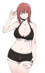  1girl artist_name black_shorts black_sports_bra braid braided_ponytail breasts chainsaw_man cleavage closed_mouth collarbone commentary drawstring english_commentary hair_between_eyes hand_up highres large_breasts looking_at_viewer makima_(chainsaw_man) navel nostrils red_hair relaxjon ringed_eyes short_shorts shorts simple_background solo sports_bra sweat thighs white_background 