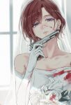  1girl absurdres blood blood_on_clothes blood_on_face bridal_veil brown_hair closed_mouth dress flower glint gloves gun handgun highres higuchi_madoka holding holding_gun holding_weapon idolmaster idolmaster_shiny_colors mole mole_under_eye off-shoulder_dress off_shoulder purple_eyes rose short_hair solo sushizanmai_(sorahaaoi7) veil weapon white_dress white_flower white_gloves white_rose 