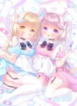  2girls :o apron bandaid bandaid_on_arm bandaid_on_face black_bow black_bowtie black_choker blonde_hair blue_bandaid blue_dress blush bow bowtie breasts choker cleavage_cutout clothing_cutout commentary_request dress garter_straps gauze gauze_on_thigh hair_ornament hair_ribbon hat heart heart_choker heart_cutout heart_hair_ornament highres holding holding_syringe lace-trimmed_legwear lace_trim long_hair looking_at_viewer medium_breasts multiple_girls no_shoes nurse nurse_cap omochi_monaka original paperclip_hair_ornament pill pink_dress pink_hair puffy_short_sleeves puffy_sleeves purple_eyes ribbon short_sleeves speech_bubble spoken_heart spoken_sweatdrop sweatdrop syringe thighhighs two_side_up very_long_hair waist_apron white_apron white_hat white_ribbon white_thighhighs yellow_bandaid yellow_eyes 