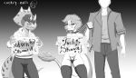 2025 3_horns 5_fingers absurd_res anon_(snoot_game) anthro artist_name black_and_white bottomwear breasts cavemanon_studios ceratopsian chervyarts clothed clothing collar crossgender denim denim_bottomwear denim_clothing dinosaur dromaeosaurid english_text eyewear facial_horn feathered_dinosaur feathered_scalie feathered_tail feathers female fingers frill_(anatomy) glasses goodbye_volcano_high group hi_res holding_object holding_sign horn human human_fetish jacket jeans leash leashed_collar legwear long_tail male mammal microraptor monochrome mtf_crossgender multi_horn nose_horn ornithischian pants prehistoric_species profanity reptile round_glasses sage_(gvh) scalie scalue sign smile snoot_game snout tail tail_tuft text theropod thigh_highs thong topless topless_anthro topless_female topwear triceratops trio trish_(gvh) tuft underwear watermark