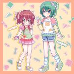  2girls absurdres ben-day_dots blue_eyes blush border bow bracelet character_name converse denim denim_shorts expressionless frilled_skirt frills gingham_bow green_hair green_shoes green_star hair_ornament happy heart heart_hair_ornament highres iwasaki_minami jewelry juliet_sleeves kobayakawa_yutaka long_sleeves lucky_star multiple_girls narumiya_kousen number_print pink_skirt ponytail puffy_sleeves raglan_sleeves red_bow red_hair red_star screentones shoes short_hair short_ponytail short_twintails shorts side_ponytail skirt socks star_(symbol) star_bracelet star_hair_ornament striped_clothes striped_sleeves striped_socks triangle twintails v yellow_star 