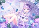  1girl :d animal_ears bare_shoulders black_bow blue_butterfly blue_eyes blue_flower blush bow breasts bug butterfly cleavage commentary_request dated dress feet_out_of_frame flower frilled_umbrella frilled_wrist_cuffs frills glint grey_umbrella hair_bow hair_flower hair_ornament highres holding holding_umbrella hydrangea long_hair looking_at_viewer nape_braid off-shoulder_shirt off_shoulder omochi_monaka open_mouth original parasol pink_flower puffy_short_sleeves puffy_sleeves purple_dress purple_flower purple_hair rabbit_ears rabbit_girl shirt shirt_over_dress short_sleeves signature smile solo umbrella very_long_hair water_drop wrist_cuffs 