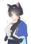  1boy absurdres animal_ears belt black_belt black_bow black_bridal_gauntlets black_hair blue_cape blue_gemstone blue_kimono blue_sleeves blunt_ends blush bow bracelet bridal_gauntlets cape cat_ears closed_mouth curled_fingers disembodied_hand feathers gem genshin_impact gold hand_on_another&#039;s_chin highres japanese_clothes jewelry juban kimono layered_sleeves looking_down male_focus nahida_(genshin_impact) nero_hanken open_clothes open_kimono own_hands_together pom_pom_(clothes) purple_eyes purple_sash sash scaramouche_(genshin_impact) short_sleeves sweat tsurime twitching upper_body wanderer_(genshin_impact) wavy_mouth white_background white_kimono white_sleeves yellow_feathers 