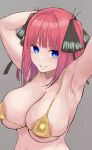  1girl absurdres areola_slip armpits arms_behind_head bikini blue_eyes breasts butterfly_hair_ornament cleavage commentary_request go-toubun_no_hanayome gold_bikini grey_background grin hair_ornament highres large_areolae large_breasts looking_at_another marimo_625 medium_hair nakano_nino pink_hair simple_background smile solo swimsuit two_side_up upper_body 