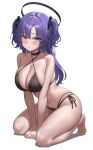  1girl absurdres alternate_costume barefoot bikini black_bikini black_choker black_halo blue_archive blue_eyes blue_halo blush breasts choker cleavage closed_mouth collarbone commentary_request full_body hair_intakes hair_ornament halo halterneck highres kneeling large_breasts long_hair looking_at_viewer mechanical_halo navel o-ring o-ring_bikini o-ring_top parted_bangs rianya07 side-tie_bikini_bottom simple_background solo swimsuit thighs toes triangle_hair_ornament two_side_up white_background yuuka_(blue_archive) 