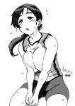  1girl bare_shoulders black_eyes black_hair blush breast_press breasts collarbone dated large_breasts long_hair looking_at_viewer monochrome open_mouth original ponytail shorts signature simple_background sportswear sweat thighs tsukudani_(coke-buta) volleyball_uniform white_background 