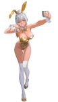 1girl :d animal_ear_hairband animal_ears armpit_crease armpits bare_legs blonde_hair bone_hair_ornament breasts cleavage colored_inner_hair cowboy_shot detached_collar earclip english_commentary fake_animal_ears gold_bowtie gold_leotard gold_shoes grin groin hair_intakes hair_ornament hairband high_ponytail highres hip_bones hip_dips holding holding_phone hongcasso large_breasts leotard long_hair looking_at_viewer luvdia multicolored_hair park_dona phone playboy_bunny ponytail rabbit_ear_hairband rabbit_ears selfie shoes skull_hair_ornament smile solo strapless strapless_leotard streaked_hair teeth thigh_gap thighhighs v virtual_youtuber white_hair white_thighhighs white_wrist_cuffs wrist_cuffs yellow_eyes 