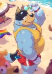 2025 anthro asexual_pride_colors australian_cattle_dog bandit_heeler barazoku beach beach_umbrella bear_pride_colors bedroom_eyes belly biceps big_belly big_muscles bird_dog bisexual_pride_colors bluey_(series) blush bulge butt canid canine canis cattledog claws clothing day digitslayer domestic_dog eyebrows eyewear eyewear_on_head footwear fur group herding_dog hi_res high-angle_view hunting_dog jewelry key labrador lgbt_pride lgbt_pride_month looking_at_viewer male mammal musclegut muscular muscular_anthro muscular_male narrowed_eyes necklace nipple_outline outside parasol pastoral_dog pat_(bluey) pecs pride_colors rainbow_pride_colors retriever sand sandals seductive shadow shoes smile solo_focus speedo standing subculture_pride_colors summer sunglasses sunglasses_on_head swimwear thick_arms thick_thighs tight_clothing towel tuft vincian_pride_colors water wristband