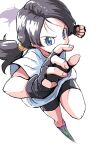  1girl bike_shorts black_gloves black_hair blue_eyes dragon_ball dragon_ball_z fingerless_gloves gloves highres ikaringo_(ikaringo4444) perspective shirt solo twintails videl white_shirt 