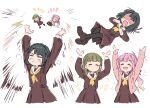  3girls :d ^_^ ahoge anyoji_hime black_hair black_pantyhose blonde_hair blunt_bangs blunt_ends bob_cut braid brown_dress brown_hair brown_shoes bullfalk closed_eyes constricted_pupils dress frown gradient_hair hasu_no_sora_school_uniform highres kachimachi_kosuzu link!_like!_love_live! loafers long_sleeves love_live! medium_dress momose_ginko multi-tied_hair multicolored_hair multiple_girls multiple_views neckerchief no_mouth open_mouth pantyhose pink_hair pleated_dress ponytail sailor_collar sailor_dress school_uniform shoes short_hair side_braids simple_background smile throwing throwing_person v-shaped_eyebrows virtual_youtuber white_background white_sailor_collar winter_uniform yellow_neckerchief 
