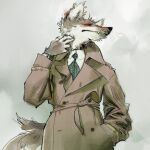 1:1 2025 abstract_background anthro biped black_whiskers button_(fastener) canid canine canis clock clothing coat coyote fangs green_necktie hi_res male mammal necktie scratching_self simple_background solo standing tail teeth topwear trenchcoat watch whiskers white_background wristwatch zunkee