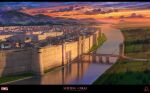  3d arsenixc artist_logo artist_name battlement bridge building cityscape cloud cloudy_sky commentary_request company_logo company_name copyright_name defensive_wall drawbridge english_commentary european_architecture fir_tree fog forest highres hill horizon landscape letterboxed light_rays logo medieval military_vehicle mixed-language_commentary motor_vehicle mountainous_horizon nature nikki_(series) no_humans official_art orange_sky portcullis purple_sky reflection reflective_water river road scenery sentry shadow shining_nikki sky stone_wall sunbeam sunlight sunrise tank tank_turret tower town tree wall_lamp water 