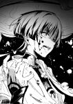  1boy armor black_background blood blood_on_face blunt_ends bodysuit bridal_gauntlets curled_fingers fingernails gem genshin_impact glowing_pupils greyscale hand_up highres japanese_armor japanese_clothes juban kimono kote looking_to_the_side male_focus mandarin_collar middle_ring monochrome open_clothes open_hand open_kimono open_mouth partially_shaded_face pom_pom_(clothes) purinigax rope scaramouche_(genshin_impact) short_sleeves solo teeth tsurime upper_teeth_only vision_(genshin_impact) wanderer_(genshin_impact) wispy_bangs 