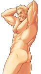  1boy abs armpit_hair armpits arms_behind_head arms_up ass bandaid bandaid_on_face bara bare_pectorals beard_stubble biceps blonde_hair cid_highwind closed_mouth commentary_request completely_nude facial_hair final_fantasy final_fantasy_vii looking_at_viewer magnum_feering male_focus muscular muscular_male nipples nude one_eye_closed pectorals smile star_(symbol) stubble tongue tongue_out white_background 