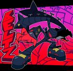 2023 4_fingers anthro beltz_(jumpbreak96) big_hands big_shoes black_border black_clothing black_collar black_footwear black_shoes border character_name clothing collar digital_media_(artwork) eyelashes female fingers floppy_ears footwear gradient_background hi_res lagomorph leporid long_ears mammal maxoke narrowed_eyes outline pose pupils rabbit red_eyes red_sclera red_text simple_background solo text white_outline white_text_outline