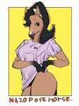 2025 accessory anthro arms_bent big_breasts big_iris black_eyebrows black_eyes black_eyeshadow black_hair black_markings black_tail border bottomless bottomless_anthro bottomless_female breasts closed_smile clothed clothing curved_eyebrows dark_hair digital_drawing_(artwork) digital_media_(artwork) english_text equid equine eyebrows eyelashes eyeshadow female fingers fur gesture gloves_(marking) hair hair_accessory hairband half-closed_eyes hand_gesture hi_res horse iris light_body light_fur looking_at_viewer makeup mammal markings medium_hair mole_(marking) mole_on_leg monotone_hair mouth_closed narrowed_eyes outside_border pointing pointy_ears portrait pose prick_ears pupils purple_clothing purple_shirt purple_t-shirt purple_topwear red_text shirt simple_background smile smiling_at_viewer snout solo sori0414 species_name standing t-shirt tail tan_body tan_ears tan_fur text text_on_clothing text_on_shirt text_on_t-shirt text_on_topwear thick_thighs thin_eyebrows three-quarter_portrait three-quarter_view topwear white_border white_hairband white_sclera yellow_background
