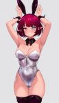  1girl :d animal_ear_hairband animal_ears armpits arms_up ass_visible_through_thighs bare_shoulders black_bow black_bowtie blue_eyes bob_cut bow bowtie breasts cleavage collarbone cowboy_shot detached_collar elazu fake_animal_ears grin groin hairband heterochromia highleg highleg_leotard hololive hololive_english horns irys_(hololive) large_breasts leotard looking_at_viewer multicolored_hair playboy_bunny pointy_ears purple_eyes purple_hair purple_thighhighs rabbit_ear_hairband rabbit_ears rabbit_pose red_hair short_hair simple_background smile solo straight-on strapless strapless_leotard streaked_hair thigh_gap thighhighs virtual_youtuber white_background wrist_cuffs 