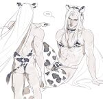  1boy abs absurdres animal_ear_headwear animal_ears animal_print arm_support arm_up backless_leotard bell bikini black_choker bulge choker commentary cow_ears cow_print cow_print_bikini cow_print_leotard cow_print_thighhighs cow_tail facing_away fake_tail final_fantasy final_fantasy_vii final_fantasy_vii_remake glaring hair_intakes hashtag-only_commentary highres holding holding_sword holding_weapon katana knee_up leotard limited_palette long_hair looking_to_the_side male_focus multiple_views navel neck_bell parted_bangs print_bikini print_thighhighs sephiroth serious shyuuwei sitting speech_bubble swimsuit sword tail thighhighs toned toned_male very_long_hair weapon white_background white_hair 
