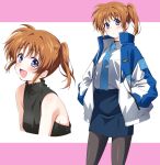  1girl :/ :d absurdres black_pantyhose black_shirt blue_eyes blue_jacket blue_necktie blue_skirt brown_hair cowboy_shot cropped_torso hands_in_pockets hashtag-only_commentary highres jacket long_sleeves looking_at_viewer lyrical_nanoha mahou_shoujo_lyrical_nanoha_exceeds:_gun_blaze_vengeance multicolored_jacket multiple_views necktie pantyhose pencil_skirt pink_background shirt short_hair side_ponytail simple_background skirt sleeveless sleeveless_shirt smile takamachi_nanoha tie_clip turtleneck turtleneck_shirt white_background white_jacket white_shirt wing_collar yorousa_(yoroiusagi) 