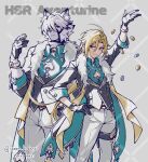  2boys ahoge animal_ear_fluff animal_ears aqua_shirt arm_up artist_name aventurine_(honkai:_star_rail) aventurine_(honkai:_star_rail)_(cosplay) black_collar black_gloves black_hair black_vest blonde_hair body_fur bracelet buttons character_name cleavage_cutout closed_mouth clothing_cutout coin collar collared_shirt commentary_request cosplay dated dice ear_piercing eyepatch fur-trimmed_jacket fur_trim furry furry_male gloves gold_trim grey_background grey_eyes hair_between_eyes half_gloves hand_on_own_hip highres holding holding_dice honkai:_star_rail honkai_(series) hugo_vlad jacket jewelry long_hair looking_at_viewer low_ponytail male_focus mihoyo mole mole_under_eye multicolored_hair multiple_boys multiple_rings muzzle_(mask) one_eye_covered open_clothes open_jacket pants parted_bangs parted_lips piercing pointy_ears polyhedral_dice ponytail red_eyes ring shirt short_hair sidelocks smile smirk streaked_hair thigh_strap three-quarter_sleeves twitter_username v-shaped_eyebrows very_long_hair vest von_lycaon washidake watch white_fur white_hair white_pants wing_collar wolf_boy wolf_ears wristwatch zenless_zone_zero 