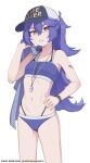  1girl bandaid bandaid_on_arm bare_arms bare_shoulders baseball_cap bikini bismuth_(paravene) black_bikini breasts brown_eyes clothes_over_shoulder clothes_writing grey_shirt hair_between_eyes hand_on_own_hip hand_up hat highres holding holding_shirt holding_unworn_clothes layered_bikini long_hair navel original ponytail purple_bikini purple_hair shirt simple_background small_breasts solo swimsuit thick_eyebrows unworn_shirt v-shaped_eyebrows very_long_hair white_background white_hat 