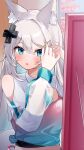  1girl adjusting_hair adjusting_hair_ornament animal_ear_fluff animal_ears bare_shoulders blue_eyes blue_trim blush cherry_blossoms clothing_cutout collared_shirt colored_inner_hair commentary_request crop_top d-pad d-pad_hair_ornament duchi0356 fox_ears fox_girl gradient_clothes gradient_hair gradient_shirt hair_between_eyes hair_ornament hairclip hands_up highres indoors light_particles long_sleeves looking_at_mirror meridian_project mirror mizuki_(vtuber) multicolored_hair open_mouth see-through_clothes see-through_sleeves shirt shoulder_cutout solo tied_shirt tree upper_body virtual_youtuber white_hair white_shirt window wrist_cuffs 