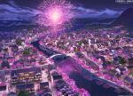  3d aerial_fireworks architecture arsenixc boat bridge cherry_blossoms cherry_tree city_lights cloud commentary_request copyright_name copyright_notice east_asian_architecture english_commentary fireworks fog forest from_above highres hill lamppost mixed-language_commentary nature night night_sky nikki_(series) official_art people reflection reflective_water river road scenery shining_nikki sky star_(sky) starry_sky town tree wagon water watercraft 