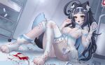  1girl absurdres ahoge aki_hoshino animal_collar animal_ear_fluff animal_ears arm_ribbon artist_name asymmetrical_legwear babydoll bandaid bandaid_on_leg bandaid_on_neck bell black_hair blood blood_bag blood_on_clothes blue_collar blue_hair blue_nails blue_ribbon breasts cat_ears clawed_feet collar collarbone fish_skeleton_hair_ornament hair_ribbon hairband highres holding huge_ahoge indie_virtual_youtuber itsfleas multicolored_hair neck_bell open_mouth pill pill_bottle ribbon single_leg_pantyhose single_thighhigh smile socks solo strap_slip streaked_hair tail thighhighs toeless_legwear virtual_youtuber white_babydoll white_hairband white_ribbon white_socks yellow_eyes 