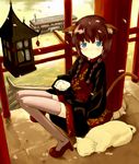  alcohol animal_ears braid cat cat_ears copyright_request hair_over_shoulder japanese_clothes long_hair rato sake sitting solo tail thighhighs twin_braids 