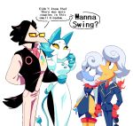 anthro avian canon_couple clothed clothing darkner deltarune elemental_creature elemental_humanoid elnina_(deltarune) english_text eyewear female glasses group hand_holding humanoid lanino_(deltarune) male mawile123 simple_background swatch_(deltarune) swatchling tasque_manager text undertale_(series) white_background