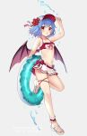  1girl :o alternate_costume bat_wings bikini bikini_skirt blue_hair bow bow_bikini breasts commentary flower grey_background hair_flower hair_ornament hand_on_headwear hibiscus highres holding holding_swim_ring looking_at_viewer multicolored_bikini navel pink_bow red_bikini red_eyes remilia_scarlet ruhika sandals short_hair simple_background small_breasts solo standing standing_on_one_leg swim_ring swimsuit touhou two-tone_bikini visor_cap water watermark white_bikini white_sandals wings 