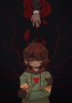  1girl 1other bags_under_eyes black_background black_gloves black_nails blood blood_drip blood_from_eyes blood_in_hair blood_on_face brown_fur brown_hair brown_hood crossed_arms deltarune empty_eyes falling_petals fingerless_gloves flower gloves green_hoodie hair_over_one_eye hand_on_own_arm hands_on_own_shoulders heart highres hood hood_down hoodie kris_(deltarune) noelle_holiday parted_lips petals pulsar_a11 red_eyes red_flower red_rose reindeer_girl rose self_hug single_horizontal_stripe solo_focus soul_(deltarune) thorn_ring_(deltarune) thorns weird_route_(deltarune) 