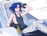  1boy blue_hair blush cockpit colored_inner_hair gloves gundam gundam_gquuuuuux highres holding looking_at_viewer lower_eyelashes_only male_focus multicolored_hair pants ponytail purple_hair red_eyes requiemzz short_hair shuji_ito sitting sleeveless smile solo sweat tank_top two-tone_hair 