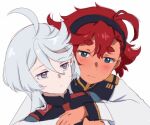  2girls ahoge asticassia_school_uniform black_hairband blue_eyes blush closed_mouth commentary_request green_jacket grey_eyes group_hug gundam gundam_suisei_no_majo hairband hug jacket kimaguro_box long_hair miorine_rembran multiple_girls school_uniform simple_background suletta_mercury thick_eyebrows upper_body white_background white_hair white_jacket yuri 
