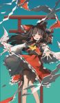  1girl absurdres ascot blush bow brown_hair detached_sleeves hair_bow hakurei_reimu highres huge_bow long_hair loong_(loong_blo) open_mouth reaching reaching_towards_viewer red_bow red_eyes red_shirt red_skirt shirt skirt solo touhou white_sleeves wide_sleeves yellow_ascot 