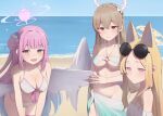  3girls :d absurdres animal_ear_fluff animal_ears beach bikini blonde_hair blue_archive breasts cleavage eyewear_on_head flower fox_ears fox_girl frills gradient_bikini gradient_eyes hair_between_eyes hair_bun hair_flower hair_ornament halo halterneck highres leaning_forward long_hair looking_at_viewer low_wings medium_breasts mika_(blue_archive) multicolored_eyes multiple_girls nagisa_(blue_archive) o-ring o-ring_top pink_hair ruha_(ruha12haru) sarong seia_(blue_archive) single_side_bun small_breasts smile swimsuit tea_party_(blue_archive) white_bikini white_wings wings yellow_eyes yellow_halo 