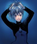  :3 adjusting_hair arms_up artist_request blue_background blue_bodysuit bodysuit darker_than_black expressionless long_sleeves pink_eyes ponytail short_hair silver_hair simple_background solo yin 