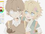  2boys :d animal_charm antenna_hair arms_at_sides art_program_in_frame art_program_request backpack bag basil_(faraway)_(omori) basil_(omori) behind_another black_eyes black_hair black_sweater_vest blonde_hair blue_eyes blush bright_pupils collared_shirt double-parted_bangs eyepatch flower green_sweater_vest hair_behind_ear hair_between_eyes hair_flower hair_ornament leaf looking_at_another lower_teeth_only male_focus medical_eyepatch mewo multiple_boys my_loleeta omori open_mouth parted_lips pink_flower shirt short_hair short_sleeves simple_background smile spoilers sunny_(omori) sweater_vest teeth upper_body very_short_hair white_background white_pupils white_shirt wide-eyed yellow_bag 