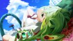  absurdres alina_gray blood blood_on_face blue_sky building cloud dau death flower green_eyes green_hair green_nails highres magia_record:_mahou_shoujo_madoka_magica_gaiden mahou_shoujo_madoka_magica mizusaka_ney red_flower scene_reference school_uniform sky soul_gem suicide tripod video_camera 