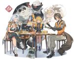  2boys 2girls animal_ear_fluff animal_ears bangboo_(zenless_zone_zero) bird black_bird black_fur black_gloves black_hat black_shoes black_thighhighs bracelet breasts brown_pants brown_shirt chinese_food chopsticks cleavage closed_eyes crossed_legs cup dim_sum eating elbow_gloves fingerless_gloves food furry furry_male glasses gloves green_eyes grey_shirt hair_ornament hashibiro_kou_(garapiko_p) hat highres holding holding_chopsticks holding_cup jacket jewelry ju_fufu large_breasts long_hair multicolored_fur multiple_boys multiple_girls orange_fur pan_yinhu panda_boy panda_ears pants plump round_eyewear shirt shoes sitting smile socks spiked_bracelet spikes steamed_bun striped_fur tail thighhighs tiger_ears tiger_girl tiger_stripes tiger_tail white_fur white_socks ye_shiyuan yellow_jacket yin_yang_pin yixuan_(zenless_zone_zero) zenless_zone_zero 
