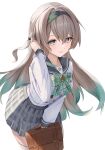  1girl absurdres bag black_hairband blush bow bowtie brown_bag collared_shirt firefly_(honkai:_star_rail) firefly_(spring_missive)_(honkai:_star_rail) gradient_hair green_bow green_bowtie green_pupils grey_hair grey_skirt hair_between_eyes hair_intakes hair_tubes hairband hand_in_own_hair handbag highres holding holding_bag honkai:_star_rail honkai_(series) hoshikemuri long_hair multicolored_eyes multicolored_hair plaid_bow plaid_bowtie plaid_clothes pleated_skirt shirt simple_background skirt smile thighhighs white_background white_shirt white_thighhighs 