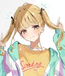  1girl absurdres alternate_hairstyle blonde_hair blush commentary_request fingernails fujita_kotone fumina_natamin gakuen_idolmaster highres holding holding_own_hair idolmaster jacket light_smile long_hair looking_at_viewer multicolored_jacket shirt solo twintails upper_body watermark yellow_eyes yellow_shirt 