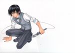  1boy alternate_costume black_hair blue_eyes bow bowtie crouch darker_than_black full_body hei knife male male_focus shirt simple_background solo squatting traditional_media vest waistcoat weapon white_background white_shirt wire 