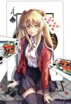  1girl ace_(playing_card) ace_of_spades black_cross_tie black_skirt black_thighhighs blazer blonde_hair breasts brown_eyes card collared_shirt cowboy_shot cross_tie elicooc eyelashes hair_between_eyes highres hyakkaou_academy_school_uniform jacket kakegurui king_(playing_card) lips long_hair long_sleeves looking_at_viewer open_clothes open_jacket playing_card red_jacket saotome_mary school_uniform shirt shirt_tucked_in sidelocks sitting skirt smile solo spade_(shape) thighhighs twintails white_shirt 