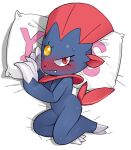 2025 4_claws ambiguous_anthro ambiguous_gender anthro black_nose blue_body blue_fur blush blush_lines bodily_fluids claws digital_media_(artwork) eyelashes forehead_gem fur gem generation_4_pokemon glistening glistening_arms looking_at_viewer lying mouth_closed narrowed_eyes nintendo on_side pillow pokemon pokemon_(species) print_pillow red_blush red_eyes red_tail shaded small_nose solo sweat tail text_on_pillow tosx weavile white_sclera
