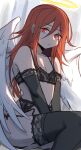  0lightsource 1boy absurdres angel angel_devil_(chainsaw_man) angel_wings black_bra black_gloves black_panties black_thighhighs bra brown_hair chainsaw_man crossdressing elbow_gloves garter_belt garter_straps gloves halo highres lace-trimmed_bra lace-trimmed_garter_belt lace-trimmed_gloves lace-trimmed_panties lace-trimmed_thighhighs lace_trim lingerie looking_at_viewer panties red_eyes solo thighhighs traditional_halo trap underwear wings 