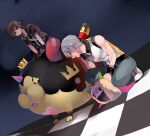 2boys blue_eyes brown_hair chain chain_necklace commentary_request dream_eater_(kingdom_hearts) dutch_angle greyscale hood hoodie jewelry kingdom_hearts kingdom_hearts_3d:_dream_drop_distance male_focus monochrome multiple_boys necklace pants red_pants riding riku_(kingdom_hearts) short_sleeves sora_(kingdom_hearts) squatting toned toned_male umidesuyo vest white_vest wristband 