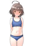  1girl absurdres ahoge arms_behind_back blue_panties blue_sports_bra blunt_bangs blush commentary_request commission cowboy_shot embarrassed full-face_blush furaggu_(frag_0416) highres kantai_collection kishinami_(kancolle) navel panties pixiv_commission short_hair simple_background solo sports_bra standing stomach thighs underwear variant_set white_background yellow_eyes 